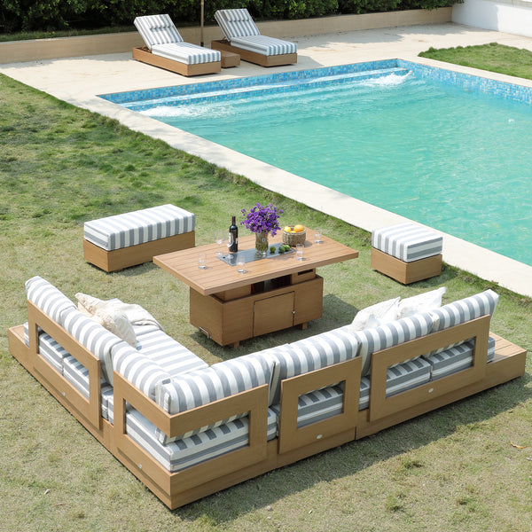 Jardin Aluminium Large Corner Casual Dining Set with Rising Firepit Table, Natural with Blue Stripes