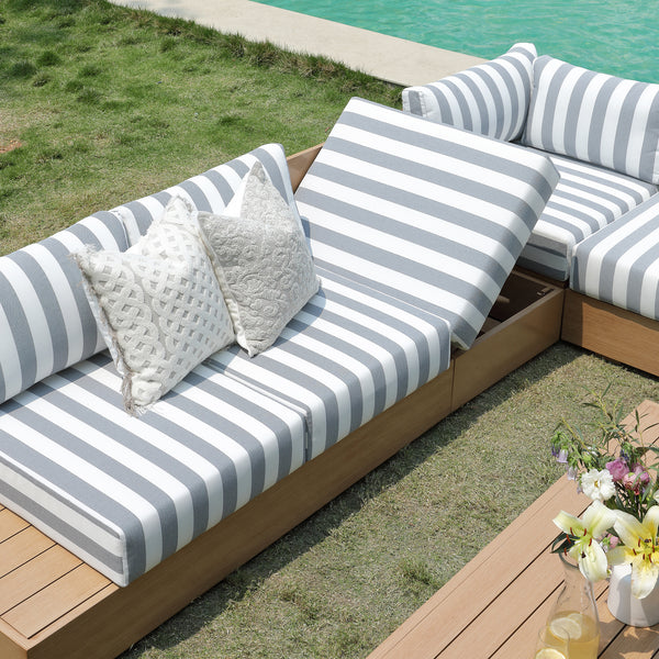 Jardin Aluminium Large Corner Casual Dining Set with Rising Firepit Table, Natural with Blue Stripes