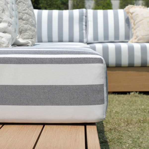 Jardin Aluminium Large Corner Casual Dining Set with Rising Firepit Table, Natural with Blue Stripes