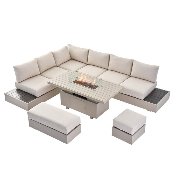 Jardin Aluminium Large Corner Casual Dining Set with Rising Firepit Table, Pumice