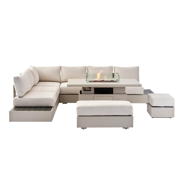 Jardin Aluminium Large Corner Casual Dining Set with Rising Firepit Table, Pumice