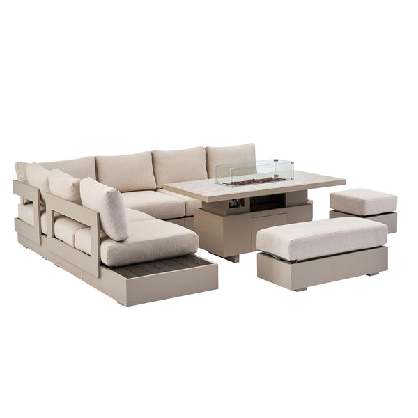 Jardin Aluminium Large Corner Casual Dining Set with Rising Firepit Table, Pumice