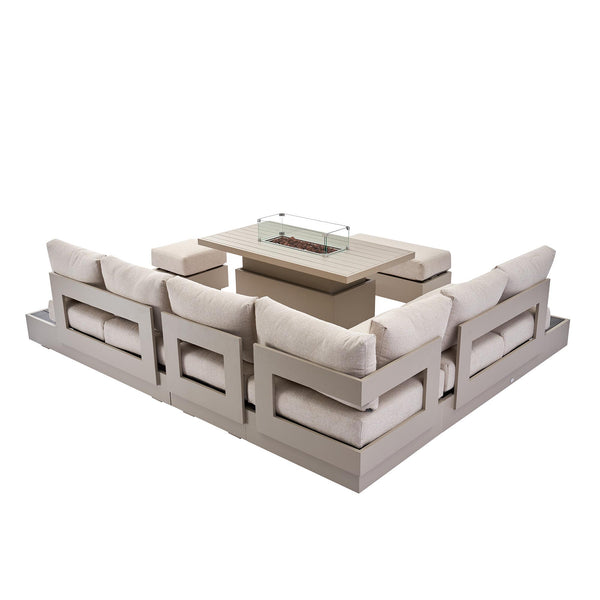 Jardin Aluminium Large Corner Casual Dining Set with Rising Firepit Table, Pumice