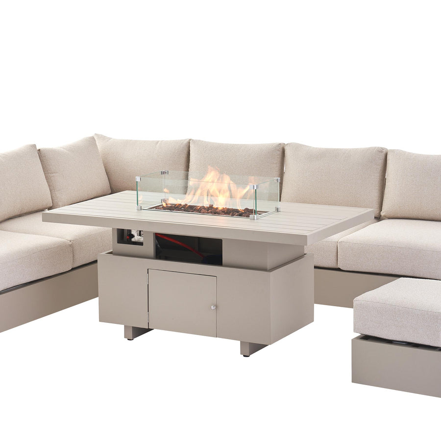 Jardin Aluminium Large Corner Casual Dining Set with Rising Firepit Table, Pumice