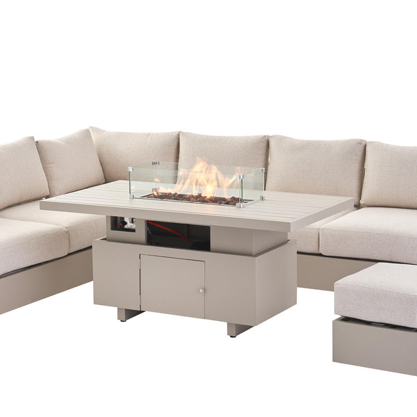 Jardin Aluminium Large Corner Casual Dining Set with Rising Firepit Table, Pumice