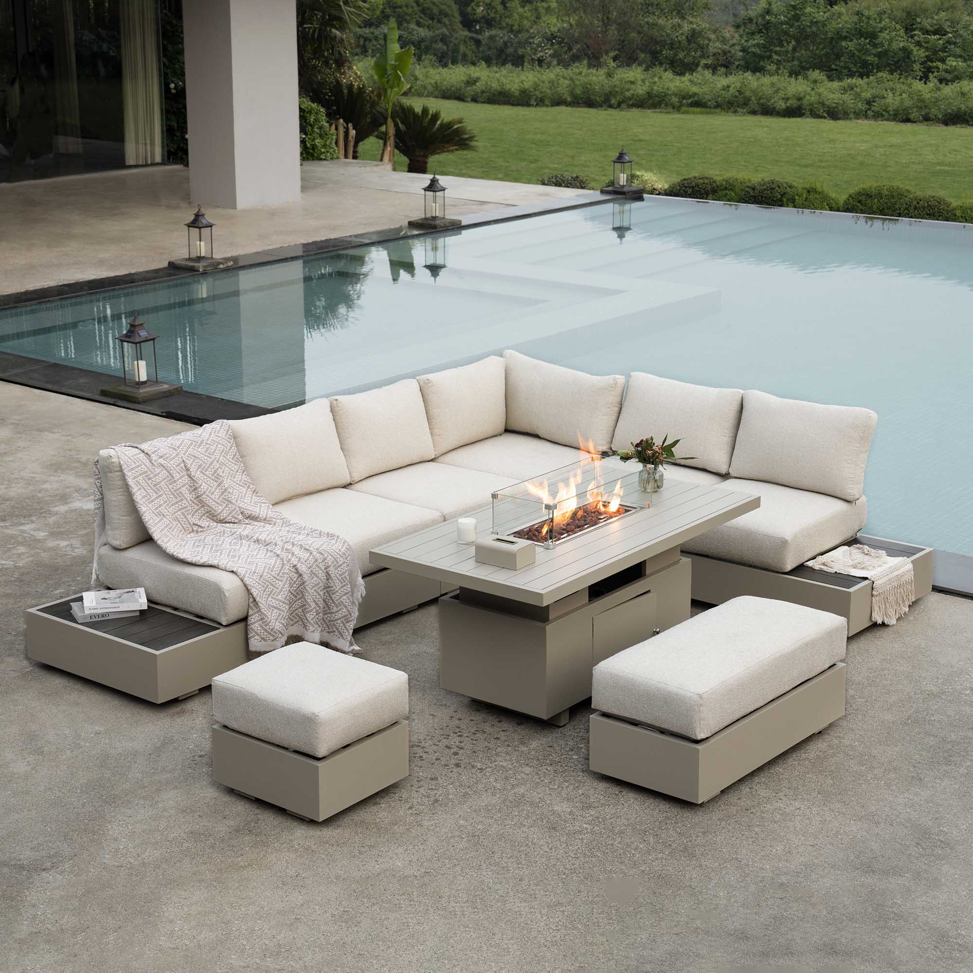 Rising Table Rattan Corner Sofa With Fire Pit Coffee Table Jardin