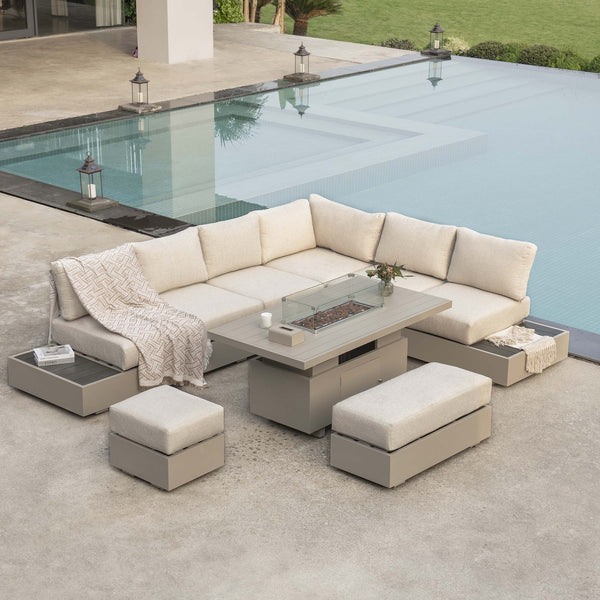 Jardin Aluminium Large Corner Casual Dining Set with Rising Firepit Table, Pumice