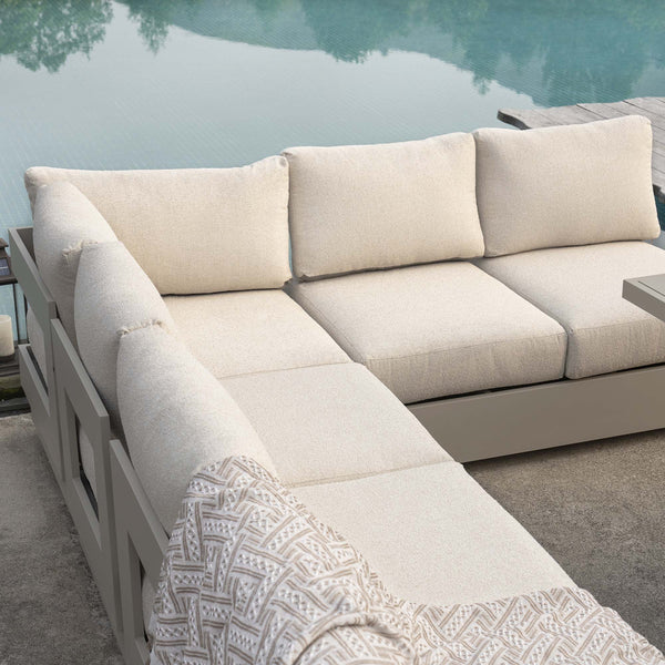 Jardin Aluminium Large Corner Casual Dining Set with Rising Firepit Table, Pumice