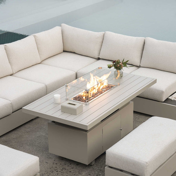 Jardin Aluminium Large Corner Casual Dining Set with Rising Firepit Table, Pumice