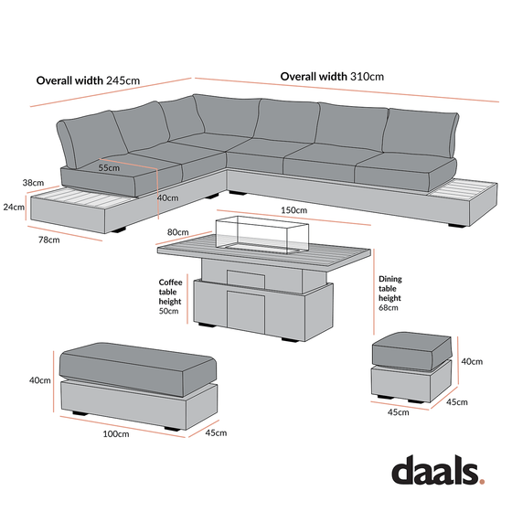 Jardin Aluminium Large Corner Casual Dining Set with Rising Firepit Table, Granite