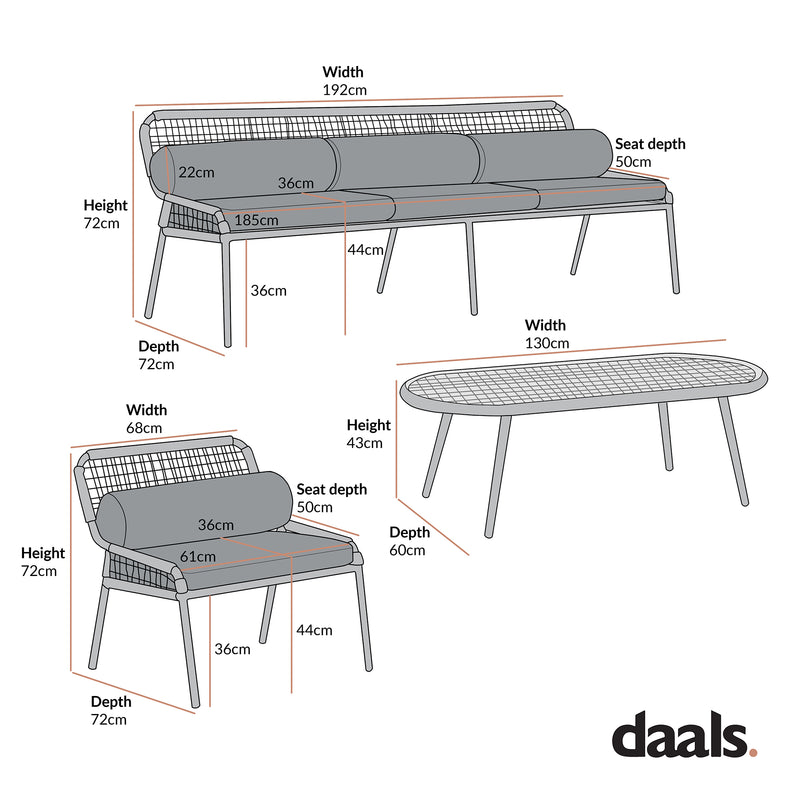 Pomona Rope Weave 5-Seater Sofa Set, Dark Grey Fabric with Black Frame