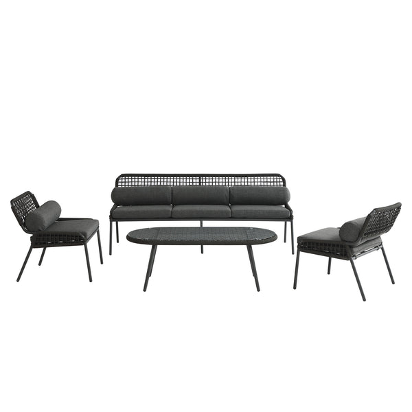 Pomona Rope Weave 5-Seater Sofa Set, Dark Grey Fabric with Black Frame