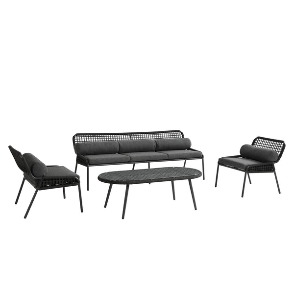 Pomona Rope Weave 5-Seater Sofa Set, Dark Grey Fabric with Black Frame