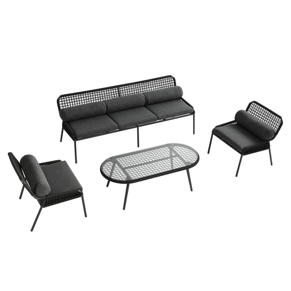 Pomona Rope Weave 5-Seater Sofa Set, Dark Grey Fabric with Black Frame