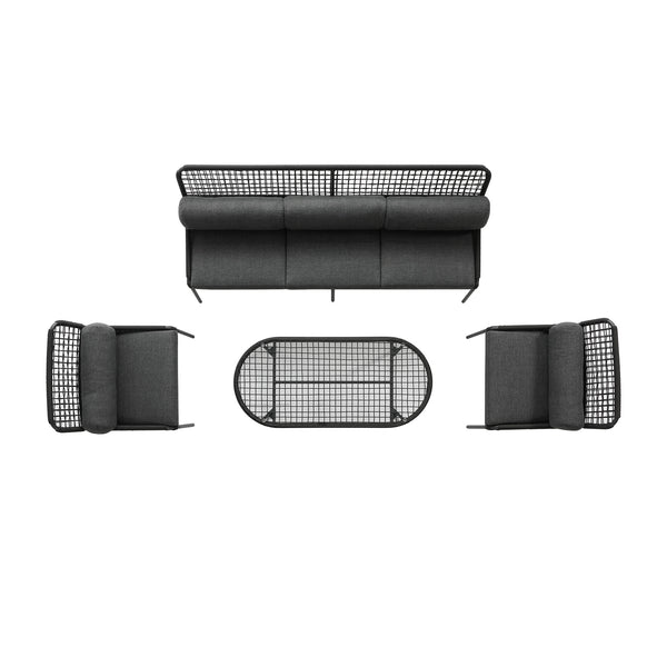Pomona Rope Weave 5-Seater Sofa Set, Dark Grey Fabric with Black Frame