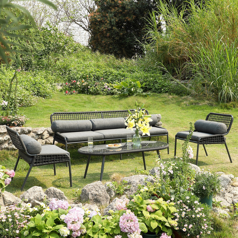 Pomona Rope Weave 5-Seater Sofa Set, Dark Grey Fabric with Black Frame