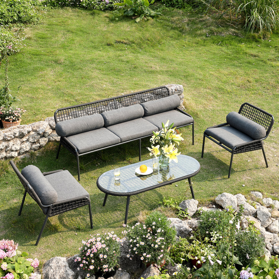 Pomona Rope Weave 5-Seater Sofa Set, Dark Grey Fabric with Black Frame