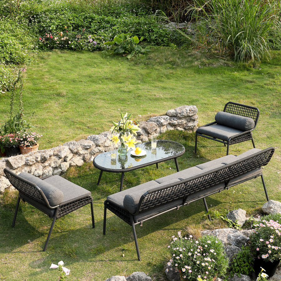 Pomona Rope Weave 5-Seater Sofa Set, Dark Grey Fabric with Black Frame
