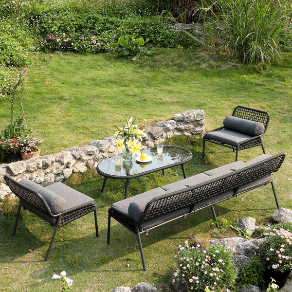 Pomona Rope Weave 5-Seater Sofa Set, Dark Grey Fabric with Black Frame