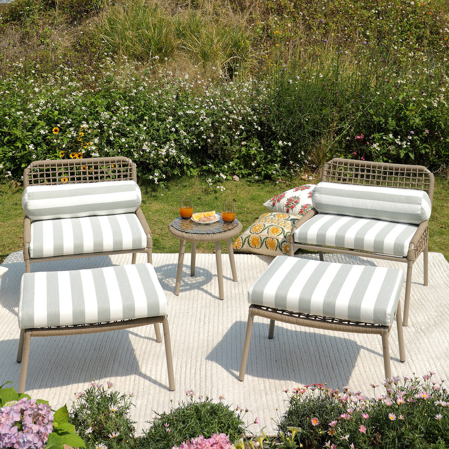 Pomona Rope Weave Bistro Set, Sage Striped Fabric with Taupe Frame
