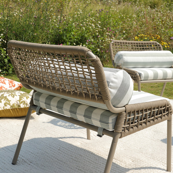 Pomona Rope Weave Bistro Set, Sage Striped Fabric with Taupe Frame