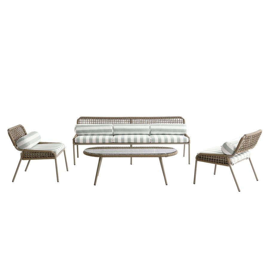 Pomona Rope Weave 5-Seater Sofa Set, Sage Striped Fabric with Taupe Frame