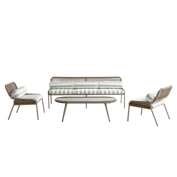 Pomona Rope Weave 5-Seater Sofa Set, Sage Striped Fabric with Taupe Frame