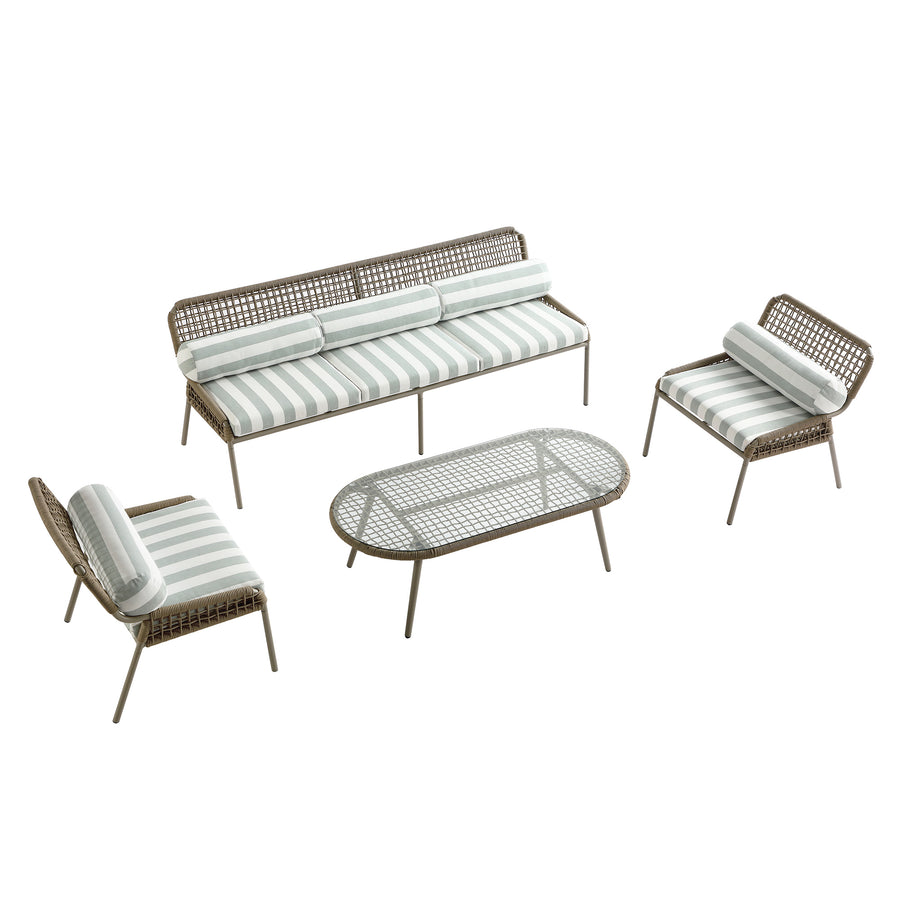 Pomona Rope Weave 5-Seater Sofa Set, Sage Striped Fabric with Taupe Frame