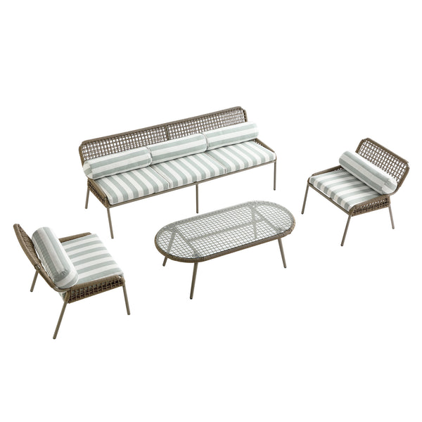 Pomona Rope Weave 5-Seater Sofa Set, Sage Striped Fabric with Taupe Frame