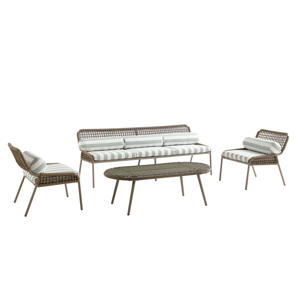 Pomona Rope Weave 5-Seater Sofa Set, Sage Striped Fabric with Taupe Frame