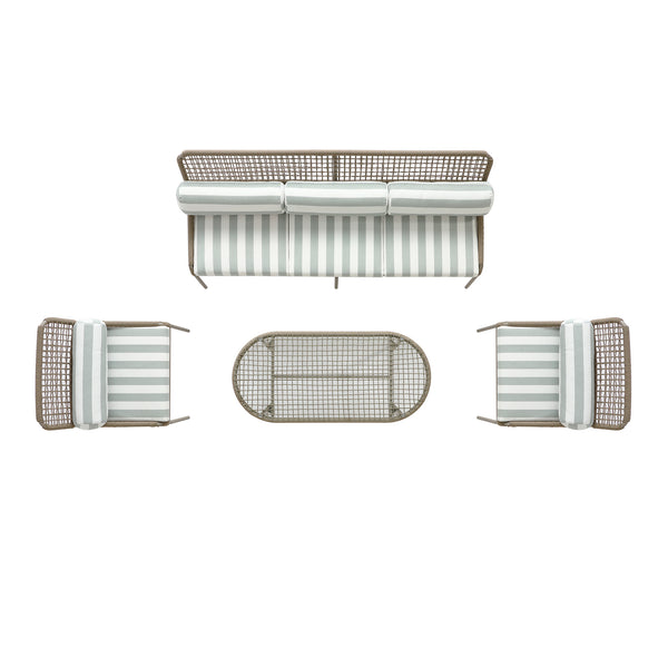 Pomona Rope Weave 5-Seater Sofa Set, Sage Striped Fabric with Taupe Frame