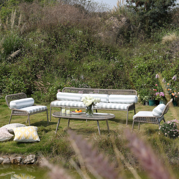 Pomona Rope Weave 5-Seater Sofa Set, Sage Striped Fabric with Taupe Frame