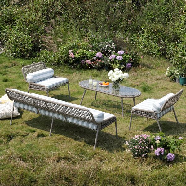 Pomona Rope Weave 5-Seater Sofa Set, Sage Striped Fabric with Taupe Frame