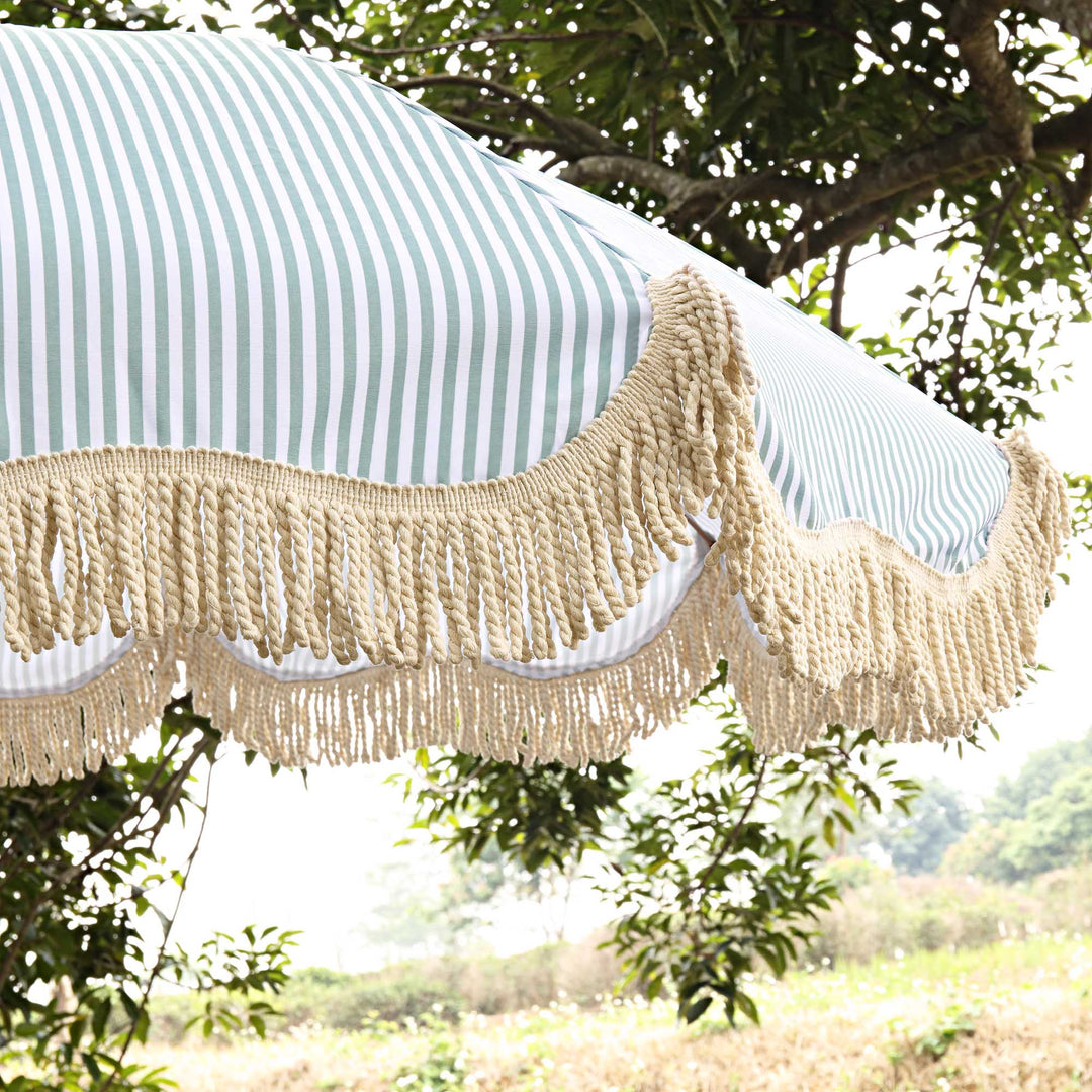 Gabriel Sage Green and White Striped Fringed Parasol with Tilt | daals