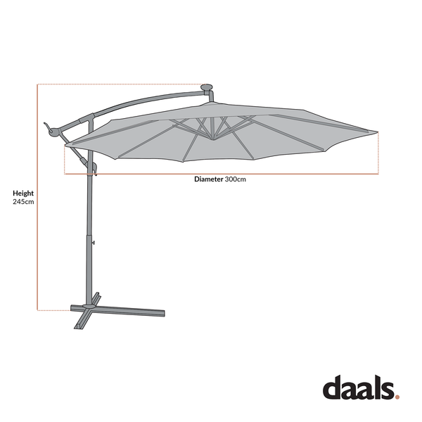 3M LED Light Cantilever Garden Leanover Parasol, Grey