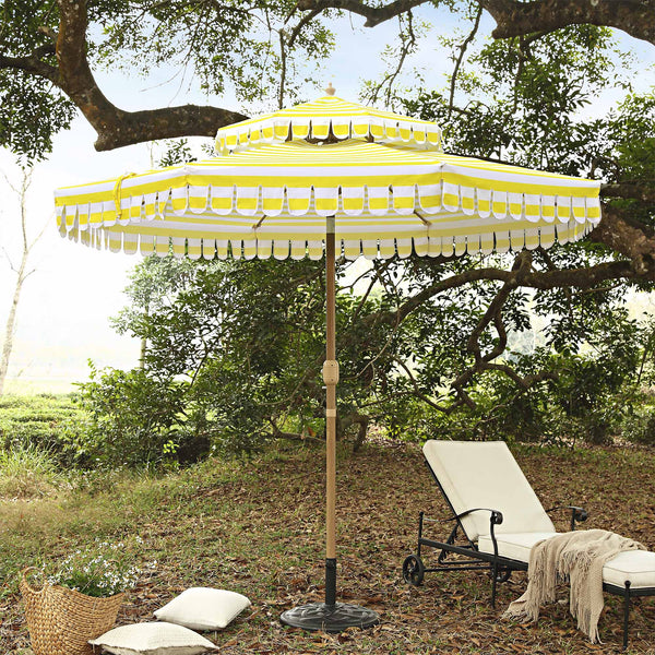 crank and tilt patio umbrella uk Fabienne Yellow and White Striped 3M Double Top Crank and Tilt Parasol
