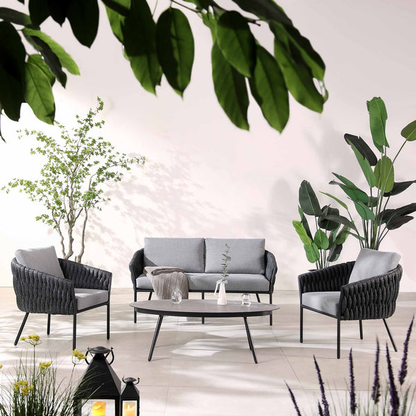 Montebello 4-Seater Outdoor Black Rope and Aluminium Sofa Set with Grey Ceramic Coffee Table