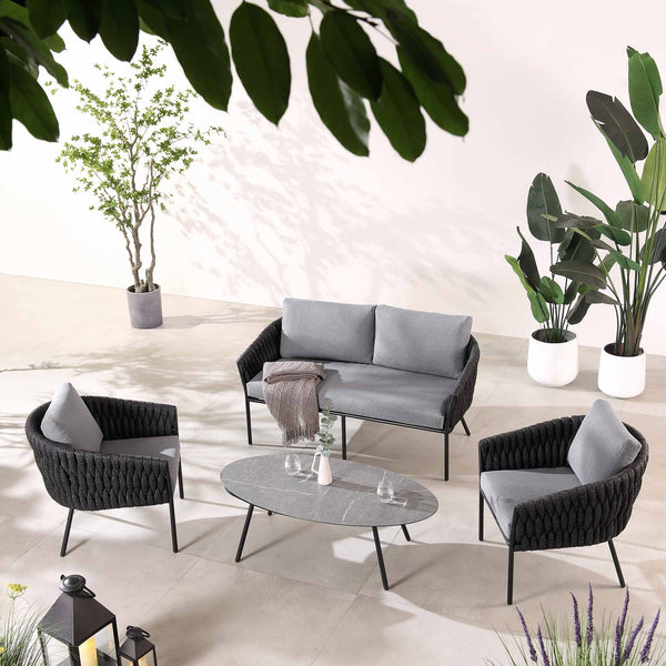 Montebello 4-Seater Outdoor Black Rope and Aluminium Sofa Set with Grey Ceramic Coffee Table