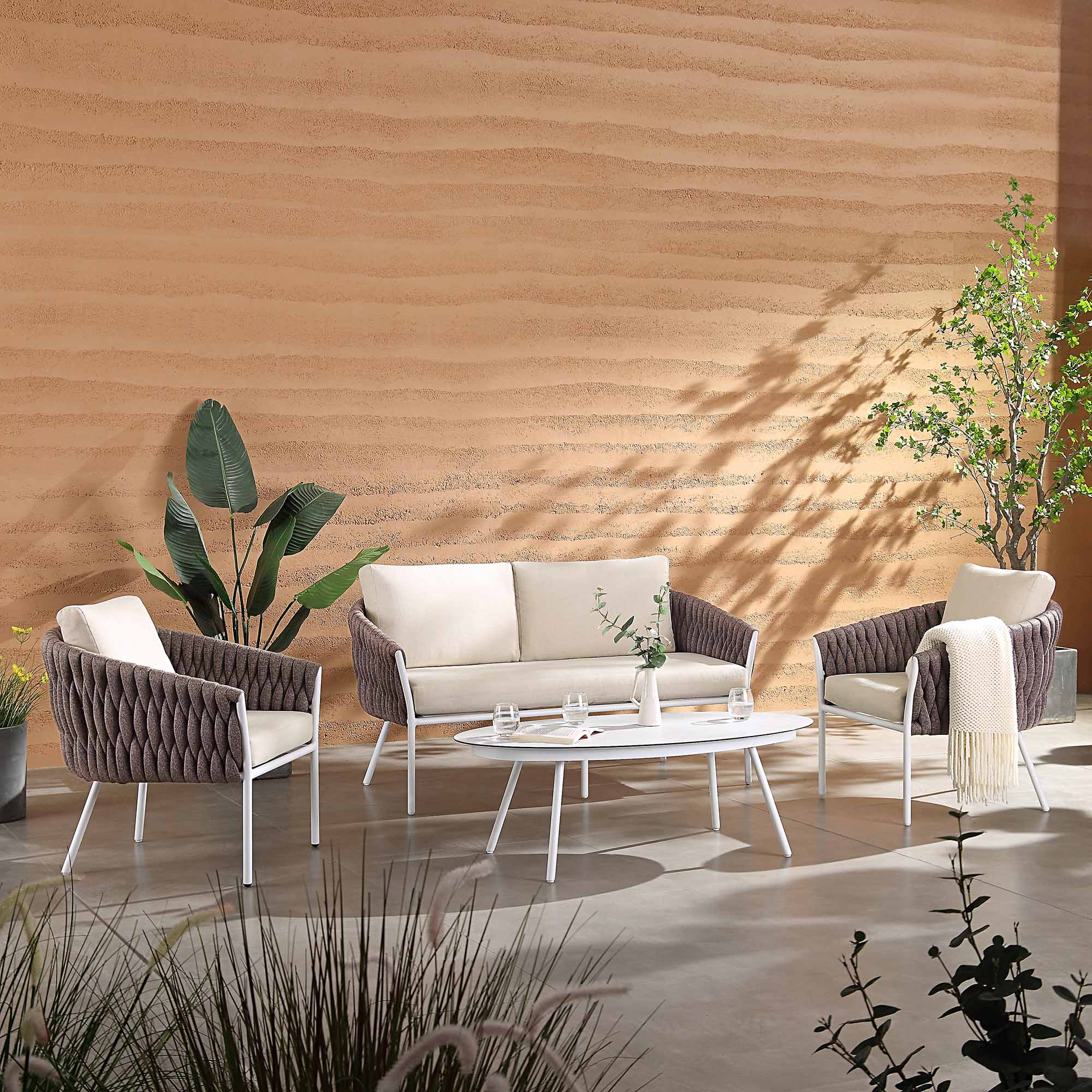 Montebello 4-Seater Outdoor Taupe Rope and Aluminium Sofa Set with White Ceramic Coffee Table