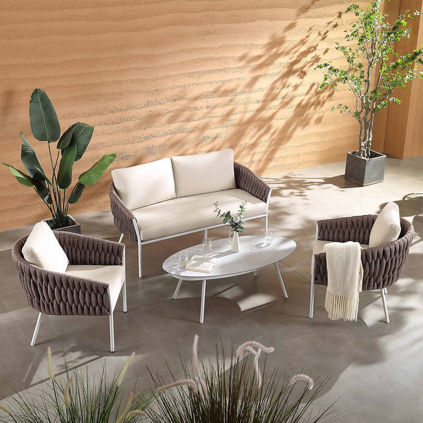 Montebello 4-Seater Outdoor Taupe Rope and Aluminium Sofa Set with White Ceramic Coffee Table