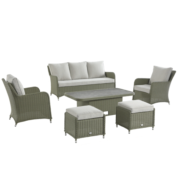 Hampshire 7-Seater Round Wicker Rattan Sofa Set with Rising Table, Desert Sage