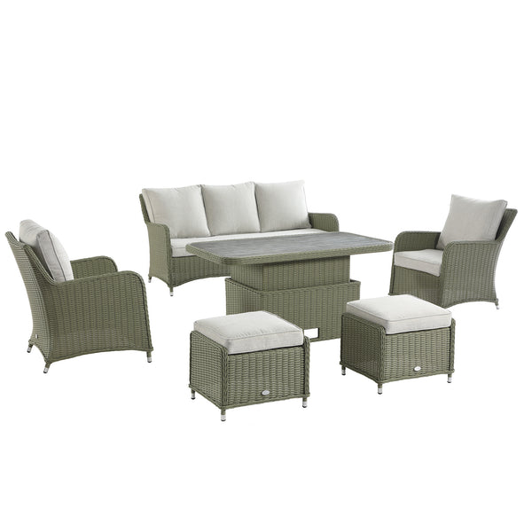 Hampshire 7-Seater Round Wicker Rattan Sofa Set with Rising Table, Desert Sage