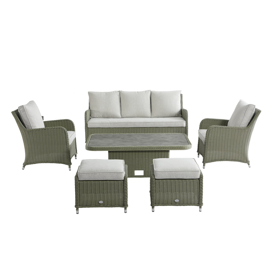 Hampshire 7-Seater Round Wicker Rattan Sofa Set with Rising Table, Desert Sage