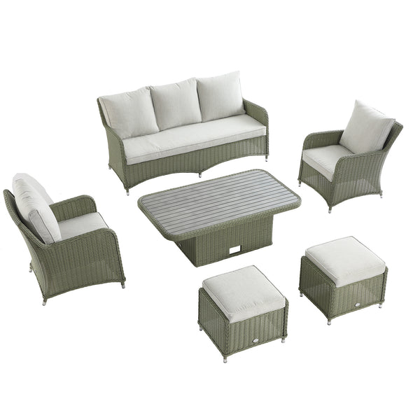 Hampshire 7-Seater Round Wicker Rattan Sofa Set with Rising Table, Desert Sage