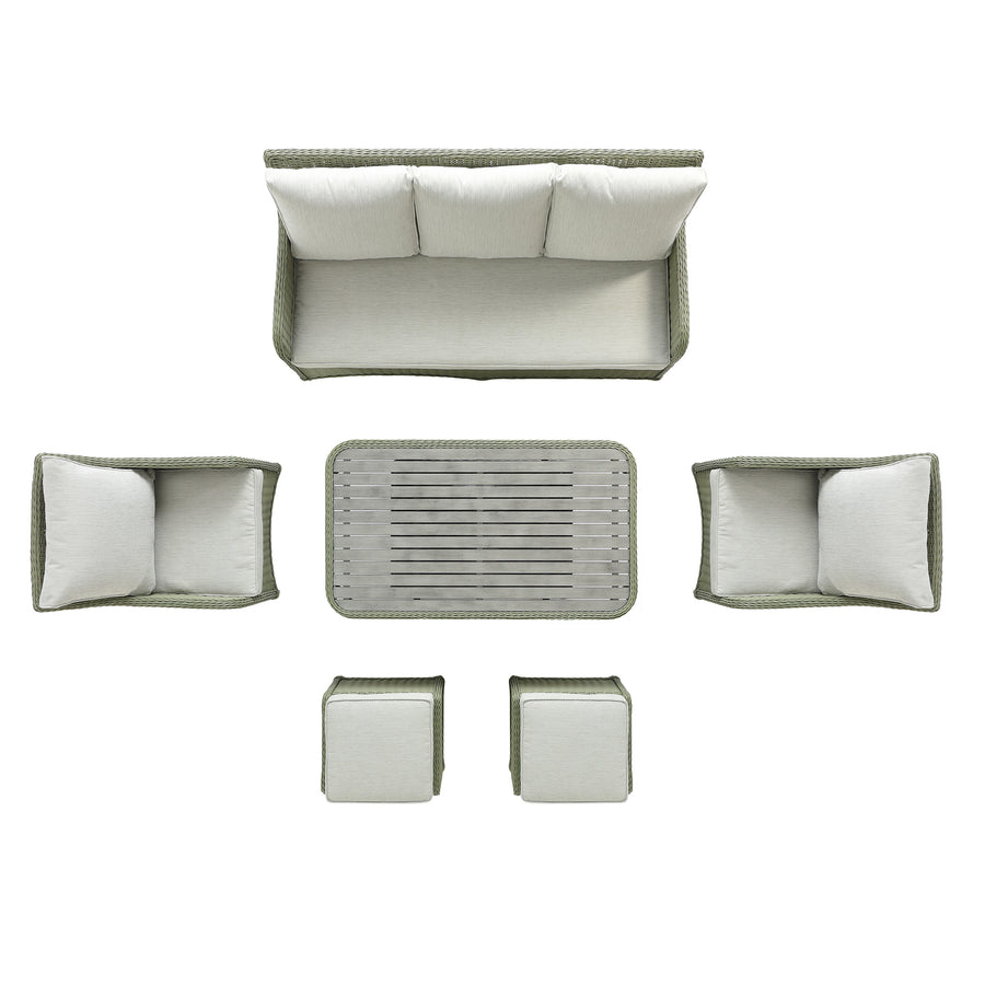 Hampshire 7-Seater Round Wicker Rattan Sofa Set with Rising Table, Desert Sage