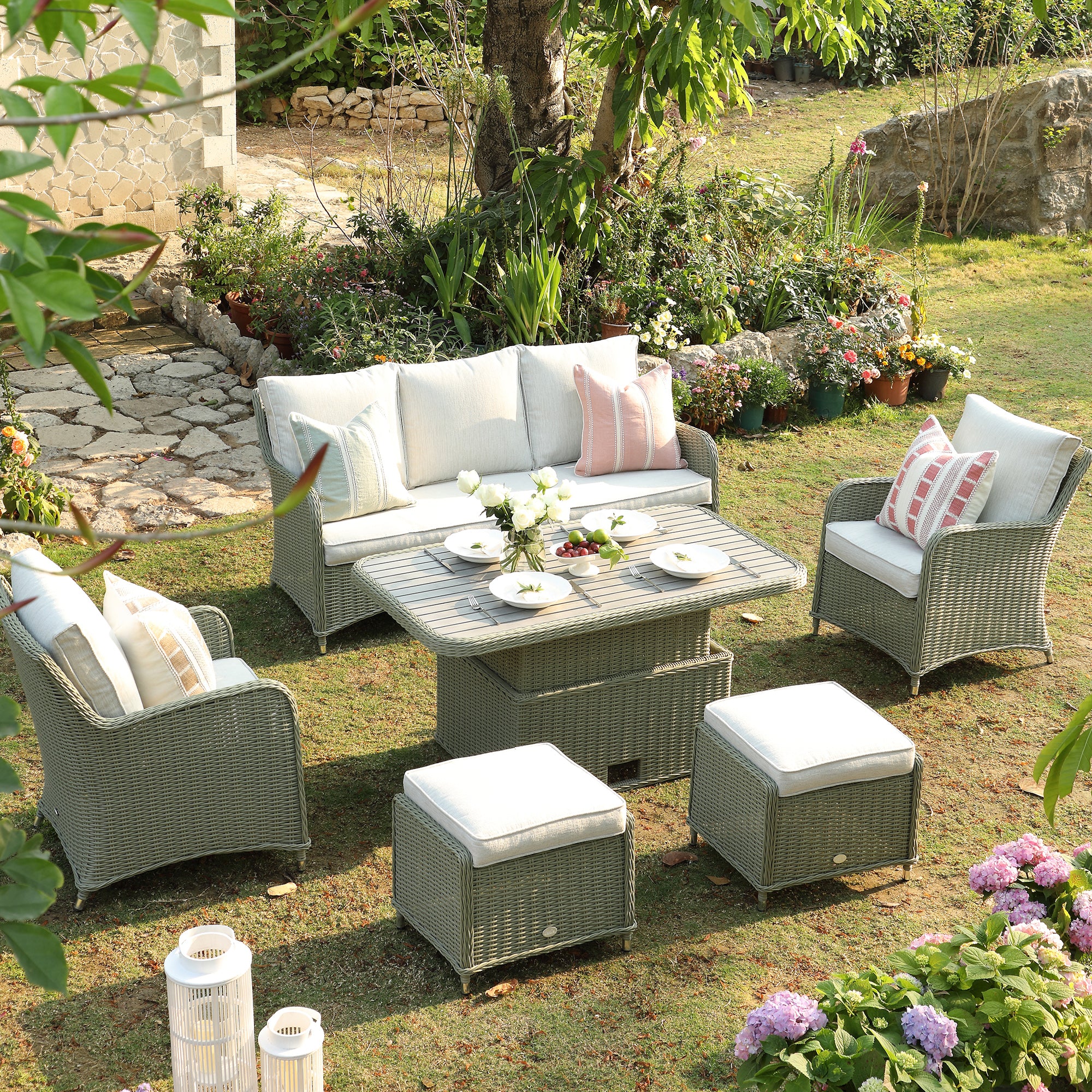 Hampshire 7-Seater Round Wicker Rattan Sofa Set with Rising Table
