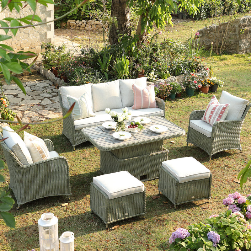 Hampshire 7-Seater Round Wicker Rattan Sofa Set with Rising Table, Desert Sage