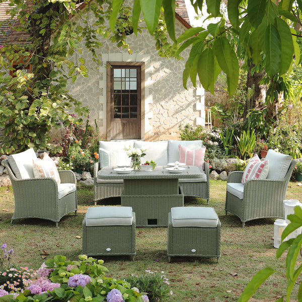 Hampshire 7-Seater Round Wicker Rattan Sofa Set with Rising Table, Desert Sage