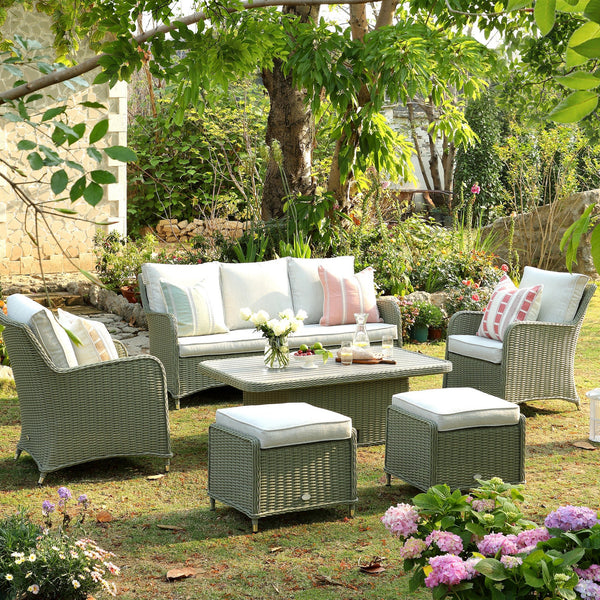 Hampshire 7-Seater Round Wicker Rattan Sofa Set with Rising Table, Desert Sage