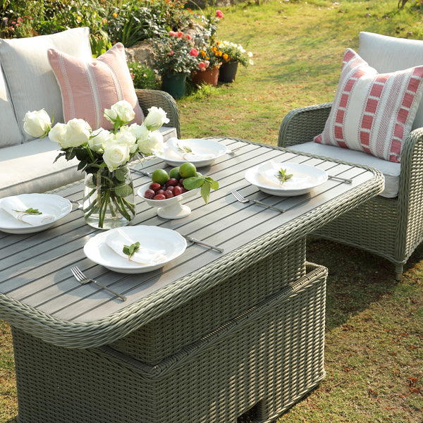 Hampshire 7-Seater Round Wicker Rattan Sofa Set with Rising Table, Desert Sage